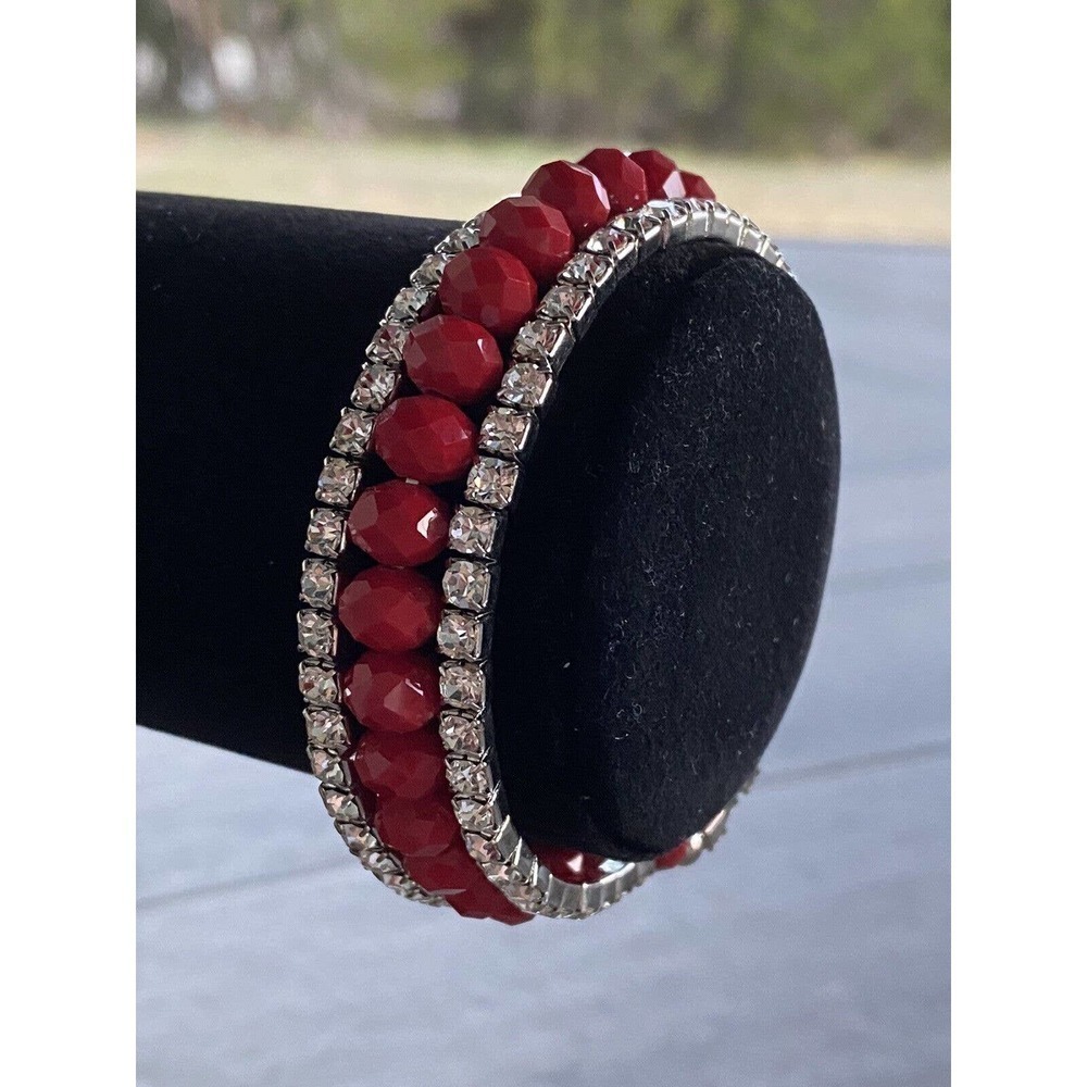 Bracelet Memory Wire Red Faceted Beads Clear Rhinestone Beads